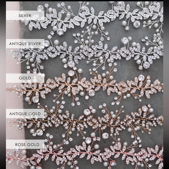 Boho Wedding Hair Accessory: Silver Bridal Hair Vine with Leaves Pearls Crystals - Picture 11 of 11